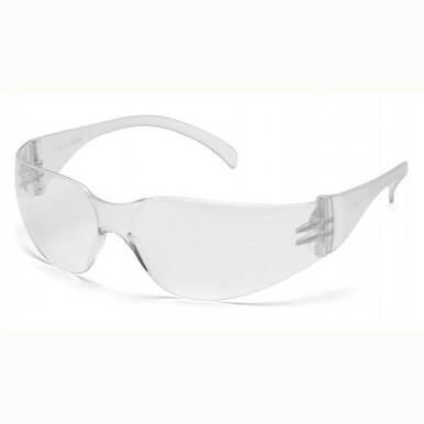 The Pyramex SL Cap Style Clear New Hire Kit NHC features clear safety glasses with a wrap-around design and sleek, curved temples, making them an ideal match for use alongside a hard hat or safety vest against a plain background. Packaged 10 per case by Pyramex Safety.