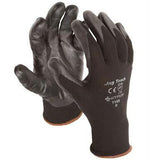 A Pyramex Safety SL Cap Style New Hire Kit NHC, containing a pair of black work gloves with rubber-coated palms and fingers, is showcased against a white background. These gloves are ideal for any new hire kit and display safety markings along with text on the back of one glove.