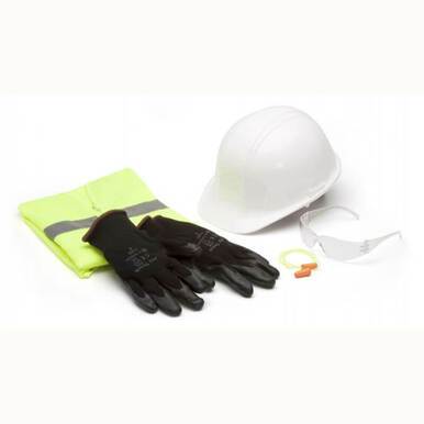 The Pyramex SL Cap Style Clear New Hire Kit NHC, offered by Pyramex Safety, includes key safety essentials such as a white hard hat, black gloves, clear safety glasses, orange earplugs, and a high-visibility yellow safety vest.