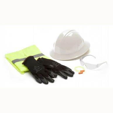 Introducing the Pyramex SL Full Brim Clear New Hire Kit by Pyramex Safety: a comprehensive set of safety gear including a white hard hat, black gloves, safety goggles, earplugs, and a yellow high-visibility safety vest with reflective stripes, all neatly tied with a green cord.