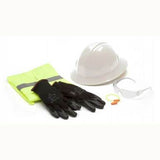 The Pyramex SL Full Brim Clear New Hire Kit NHFBC, from Pyramex Safety, is showcased on a white background and includes vital safety equipment such as a robust hard hat, protective safety goggles, a neon yellow reflective vest, durable black gloves, bright orange earplugs, and a handy yellow wristband.