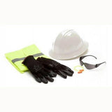 A Pyramex Safety New Hire Kit, which includes essential safety gear like a full brim hard hat, black gloves, safety glasses, a high-visibility vest, earplugs, and a wristband, is displayed on a white background. This kit is specifically the Pyramex SL Full Brim Gray New Hire Kit NHFBG (10/case).