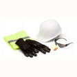 The Pyramex SL Cap Style Gray New Hire Kit, offered by Pyramex Safety, is neatly arranged on a white background. It includes a white hard hat, yellow safety vest, black gloves, earplugs, safety glasses, and a green wristband.