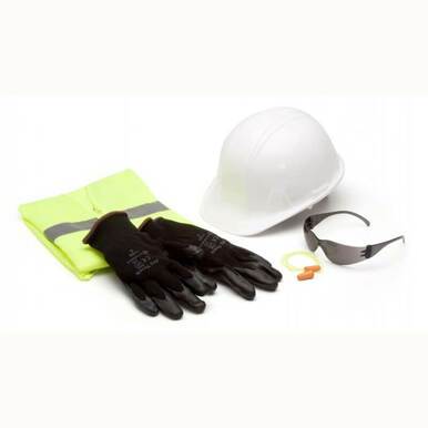 Introducing the Pyramex SL Cap Style Gray New Hire Kit NHG (10/case) from Pyramex Safety: This comprehensive set of crucial safety equipment includes a robust gray hard hat, protective black gloves, a high-visibility yellow safety vest, comfortable earplugs, safety glasses, and a compact ear protection band. All items are thoughtfully arranged on a pristine white background.