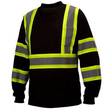 Introducing the Pyramex Safety RCLTS3111 Enhanced Visibility Long Sleeve T-Shirt, a black shirt engineered with moisture-wicking fabric and designed for increased visibility with bright yellow and gray reflective safety stripes across the chest, arms, and waist.