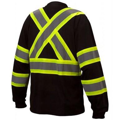 The Pyramex Safety Enhanced Visibility Long Sleeve T-Shirt RCLTS3111 is a black top with yellow and gray reflective stripes arranged in an X pattern on the back and horizontal stripes on the sleeves, crafted for improved visibility. It also features moisture-wicking fabric for added comfort.