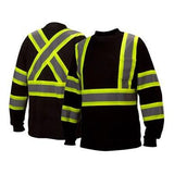 The Pyramex Enhanced Visibility Long Sleeve T-Shirt RCLTS3111, designed by Pyramex Safety, comes in black and features bright yellow reflective stripes. An X pattern enhances visibility on the back, with horizontal and vertical stripes on the front. Made from moisture-wicking fabric, it ensures both comfort and safety.