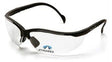 The Pyramex Venture II V2 Reader Safety Glasses, featuring clear bifocal lenses with black frames and the "Pyramex" logo on the left lens, offer adjustable nose pads and curved ear pieces for enhanced eye protection. These glasses from Pyramex Safety adhere to OSHA ANSI Z87.1 standards, ensuring superior safety assurance.