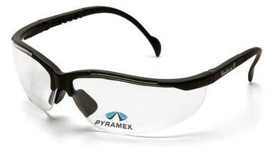 The Pyramex Venture II V2 Reader Safety Glasses, featuring clear bifocal lenses with black frames and the "Pyramex" logo on the left lens, offer adjustable nose pads and curved ear pieces for enhanced eye protection. These glasses from Pyramex Safety adhere to OSHA ANSI Z87.1 standards, ensuring superior safety assurance.