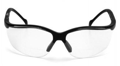 A pair of stylish, contemporary prescription glasses featuring clear lenses and a sleek black frame that complies with OSHA ANSI Z87.1 standards. The frames have a gently curved design with a bridge connecting the lenses, and the slim arms offer comfort similar to those found in Pyramex Venture II V2 Reader Safety Glasses from Pyramex Safety.