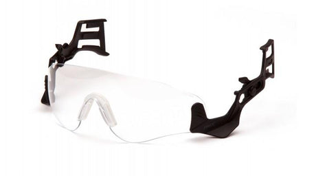 The Pyramex Ridgeline Lens Accessory RIDGE_0STM, from Pyramex Safety, features clear sports glasses equipped with black adjustable side clips and UV-resistant lenses for superior protective eyewear. Designed with impact resistance and anti-fog protection, these glasses are ideal for any sport, showcased against a white background.