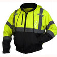 The Pyramex RJ31 Hi-Vis Bomber Jacket by Pyramex Safety is a yellow and black jacket with reflective gray stripes and a hood. It includes a front zipper, drawstrings on the hood, and a chest pocket. This waterproof jacket is crafted for safety and visibility in all conditions.