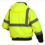 The Pyramex RJ31 Hi-Vis Bomber Jacket by Pyramex Safety, in a vibrant yellow color with reflective gray stripes on the back, features a hood and black lower sleeves. This waterproof garment is displayed flat against a white background, offering enhanced visibility and protection under all weather conditions.