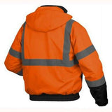 Back view of the Pyramex RJ31 Hi-Vis Bomber Jacket in orange with gray reflective stripes. The Pyramex Safety waterproof jacket features a hood and black cuffs.