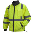 The Pyramex Safety RJR34 Hi-Vis Lime 4-in-1 Windbreaker stands out with its vibrant lime color and gray reflective stripes across the chest, shoulders, and arms. It features a high collar, front zip closure, elasticated cuffs, and a convenient chest pocket. The jacket is displayed on a plain white background.