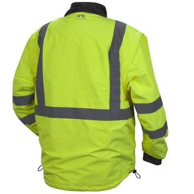 The Pyramex Safety RJR34 Hi-Vis Lime 4-in-1 Windbreaker is designed with reflective gray stripes on the back and sleeves for ultimate safety.