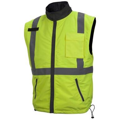 A vibrant high-visibility yellow safety vest with reflective gray stripes and black trim includes zippered pockets and a chest pocket, offering enhanced visibility and safety, similar to the Pyramex Safety RJR34 Hi-Vis Lime 4-in-1 Windbreaker.