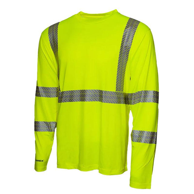 The Pyramex Safety Lightweight Long Sleeve Reflective T-Shirt RLP110 in neon yellow includes reflective gray stripes on the chest, back, and arms. It features a crew neck design with "PAMEX" printed on the left sleeve. This moisture-wicking t-shirt also provides UPF 50+ protection for sun-drenched workdays.