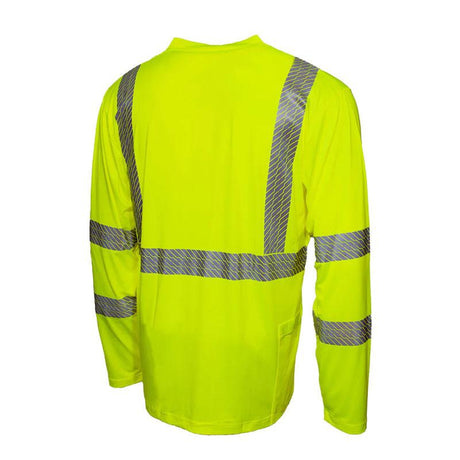 The Pyramex Safety Pyramex Lightweight Long Sleeve Reflective T-Shirt RLP110 is a high-visibility yellow shirt with reflective gray stripes on the back. This moisture-wicking garment includes both horizontal and vertical stripes to enhance visibility and provides UPF 50+ protection.