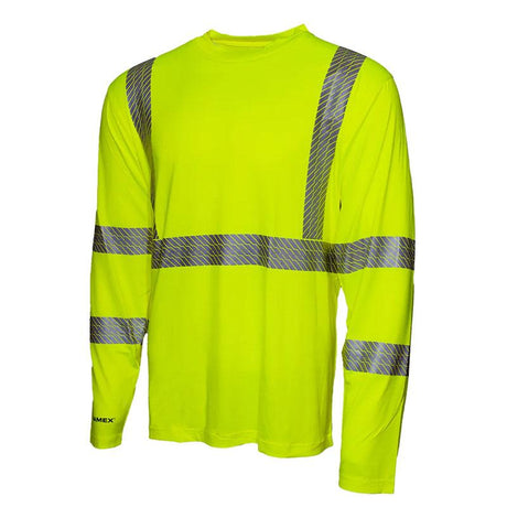 The Pyramex Safety Lightweight Long Sleeve Reflective T-Shirt RLP110, in a vibrant yellow, features reflective gray stripes on the chest, sleeves, and waist. Designed for both safety and comfort, this shirt provides UPF 50+ protection and offers moisture-wicking properties for added peace of mind.