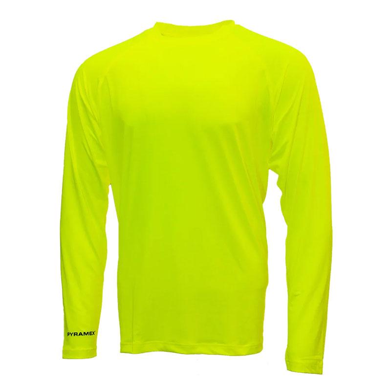 The Pyramex Lightweight Long Sleeve T-Shirt RLP110NS by Pyramex Safety is a vibrant yellow, lightweight shirt with a crew neck and long sleeves. It offers UPF protection for enhanced sun safety, while "Pyramex" is subtly printed in small black letters on the bottom left sleeve. Designed for moisture-wicking comfort, the shirt is showcased against a plain white background.