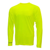 The Pyramex Safety Lightweight Long Sleeve T-Shirt RLP110NS is a bright yellow moisture-wicking shirt. It features "PYRAMEX" printed on the left sleeve cuff and offers UPF protection. The shirt is displayed against a plain white background.