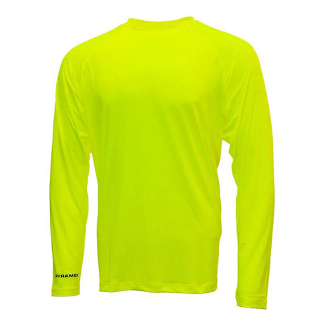 Introducing the Pyramex Safety Lightweight Long Sleeve T-Shirt RLP110NS: a bright yellow shirt with "Pyramex" printed on the lower right sleeve. This simple and unadorned design provides UPF protection and is made from breathable, moisture-wicking material for maximum comfort.