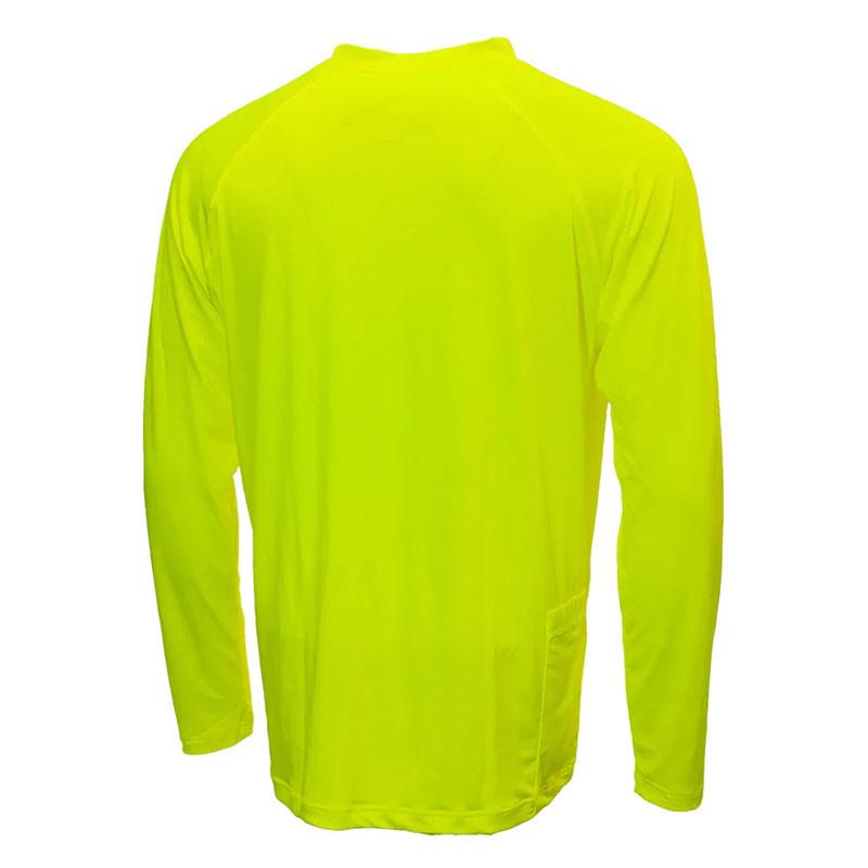 A vibrant yellow, moisture-wicking long-sleeve Pyramex Safety shirt from the back, featuring a plain design with no visible logos or patterns.