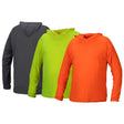 Three Pyramex RLPH Series Long Sleeve Pullover Hoodies by Pyramex Safety are shown. From left to right, the hoodies come in dark gray, bright green, and vibrant orange. Each moisture-wicking pullover boasts a minimalist design without any visible logos or patterns.