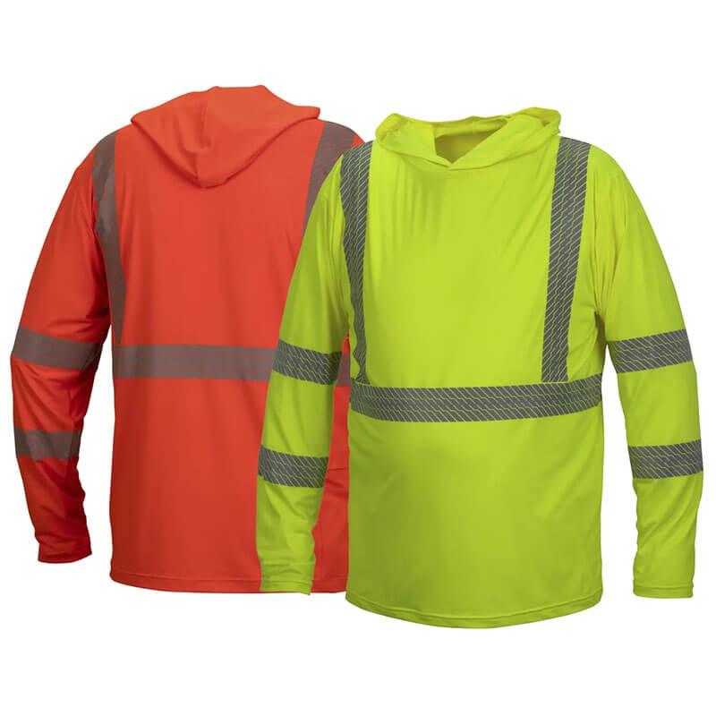 Two Pyramex RLPH1 Series ANSI Rated Long Sleeve Pullover Hoodies, one in neon yellow and the other in bright orange, are designed with reflective gray stripes on the sleeves, chest, and back for enhanced visibility. These high-visibility hoodies from Pyramex Safety offer UPF protection.