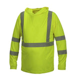 The Pyramex Safety RLPH1 Series ANSI Rated Long Sleeve Pullover Hoodie in neon yellow ensures optimal high visibility with reflective gray stripes on the arms, chest, and back. This hoodie is equipped with a hood and UPF protection to provide both excellent visibility and protection from the sun.