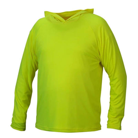 A Pyramex RLPH Series Long Sleeve Pullover Hoodie from Pyramex Safety displayed against a white background. This hoodie features a simple design without visible logos or patterns. Its vibrant Hi-Vis Yellow color makes it stand out, and the moisture-wicking fabric ensures comfort throughout the day.