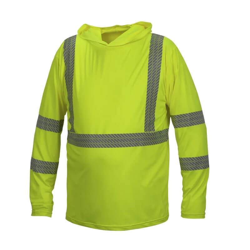 The Pyramex Safety RLPH1 Series ANSI Rated Long Sleeve Pullover Hoodie, in bright yellow, features reflective gray stripes across the chest, arms, and shoulders. This hoodie ensures high visibility and includes UPF protection for added safety.