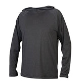 The Pyramex RLPH Series Long Sleeve Pullover Hoodie by Pyramex Safety, in dark gray, is showcased against a plain white background. It features moisture-wicking properties and UPF 50+ protection, with a relaxed fit and the hood draped over the back.