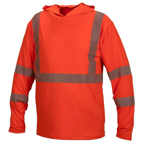 The Pyramex Safety RLPH1 Series ANSI Rated Long Sleeve Pullover Hoodie is a vibrant orange safety hoodie that includes reflective gray stripes on the chest, arms, and shoulders. Built for high visibility and ANSI compliance, this hoodie provides UPF protection with long sleeves and a hood for diverse work settings.