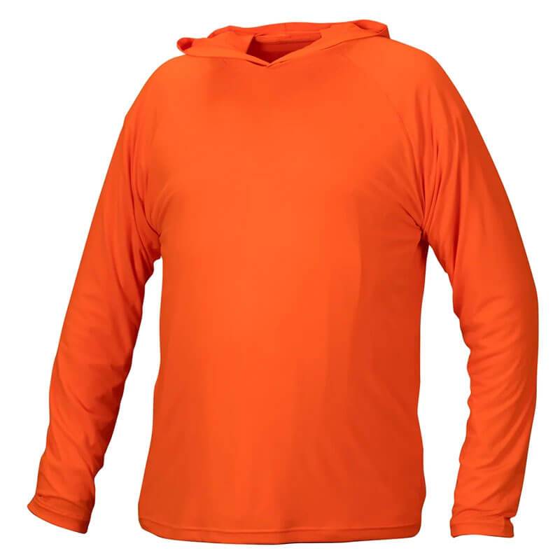 The Pyramex RLPH Series Long Sleeve Pullover Hoodie by Pyramex Safety, showcased in orange, features a smooth and lightweight fabric ideal for casual wear or athletic activities. It is displayed against a plain white background and is designed to keep you comfortable while on the move.