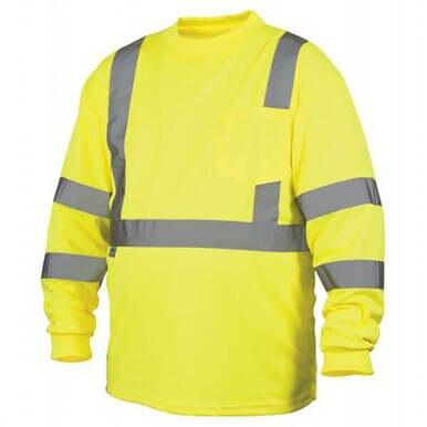 The Pyramex RLTS31 Type R - Class 3 Hi-Vis Long Sleeve T-Shirt by Pyramex Safety features a vibrant yellow color, moisture-wicking fabric, and reflective gray stripes across the chest, back, and sleeves, providing exceptional visibility in low-light conditions.