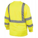 The Pyramex RLTS31 Type R - Class 3 Hi-Vis Long Sleeve T-Shirt by Pyramex Safety is a vibrant yellow safety top crafted with moisture-wicking fabric and adorned with reflective gray stripes on the back and arms for enhanced visibility.