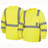 Two Pyramex RLTS31 Type R - Class 3 Hi-Vis Long Sleeve T-Shirts in yellow, featuring gray reflective stripes on the sleeves, chest, and back. Designed by Pyramex Safety with long sleeves for optimal coverage, these t-shirts are displayed from both the front and back for a complete view.