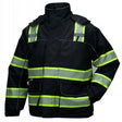 The Pyramex Enhanced Visibility Parka RPB3511 by Pyramex Safety is a black waterproof jacket featuring fluorescent yellow reflective stripes across the chest, arms, and shoulders. It is designed with a high collar and multiple pockets for enhanced visibility and protection, meeting ANSI Class 1 standards.