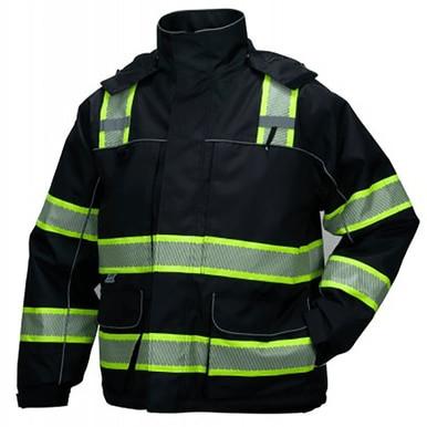 The Pyramex Enhanced Visibility Parka RPB3511 by Pyramex Safety is a black waterproof jacket featuring fluorescent yellow reflective stripes across the chest, arms, and shoulders. It is designed with a high collar and multiple pockets for enhanced visibility and protection, meeting ANSI Class 1 standards.