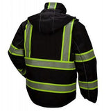 The Pyramex Safety Enhanced Visibility Parka RPB3511 is a black waterproof jacket with reflective neon green stripes on the back and sleeves, complete with a hood. Engineered to increase visibility, it is ideal for use in low-light environments and likely meets ANSI Class 1 safety standards.