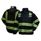 Two Pyramex Enhanced Visibility Parkas RPB3511 from Pyramex Safety, each in black with reflective yellow-green stripes. One parka is displayed facing forward, highlighting its pockets and high collar, while the other shows the back and hood. Both are designed for enhanced visibility and meet ANSI Class 1 standards for optimal safety.