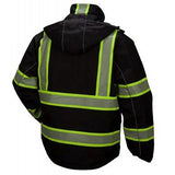 The Pyramex Enhanced Visibility Parka RPB3511 by Pyramex Safety is a black jacket designed with bright yellow reflective stripes on the back and sleeves to enhance visibility. It features a hood and meets ANSI Class 1 standards, making it ideal for safety work environments.