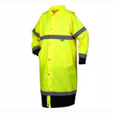 The Pyramex Premium Hi-vis Rainwear Coat RRWC3110 by Pyramex Safety is a bright yellow raincoat made from waterproof polyester, featuring reflective grey stripes on the chest and arms. This hi-vis coat is long, offering extensive coverage, and is designed with a collared style complete with black cuffs and hem for enhanced aesthetics.