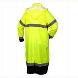 The Pyramex Safety Premium Hi-vis Rainwear Coat RRWC3110 is displayed from the back, showcasing its bright yellow color, reflective stripes around the arms and waist, a hood, and black cuffs.