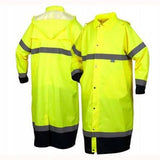 Displayed are two Pyramex Premium Hi-vis Rainwear Coats RRWC3110 from Pyramex Safety. These vibrant yellow raincoats, crafted from waterproof polyester, include reflective gray stripes and black trim at the bottom. One coat is shown from the front and the other from the back, both featuring hoods and button closures, making them an ideal choice for high-visibility rainwear.