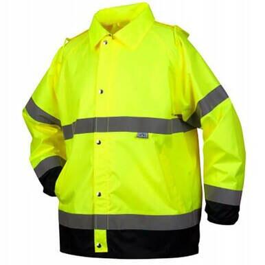 Introducing the Pyramex Premium Hi-vis Rainwear Jacket RRWJ3110 by Pyramex Safety, a waterproof jacket in vibrant yellow with reflective silver stripes across the chest and sleeves. It features a collared neckline and black cuffs for added functionality.