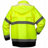 The Pyramex Safety Premium Hi-vis Rainwear Jacket RRWJ3110 is a vibrant yellow rain jacket with reflective silver stripes on the arms and torso. This hooded safety jacket offers both high visibility and waterproof protection. It is designed with black cuffs and a black lower edge, as displayed in the image showing its back.