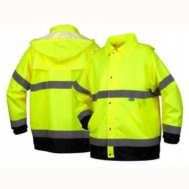 Two Pyramex Premium Hi-vis Rainwear Jackets RRWJ3110, in bright yellow with reflective gray stripes, are displayed. One waterproof jacket is shown from the back and the other from the front, both featuring black cuffs and hem.